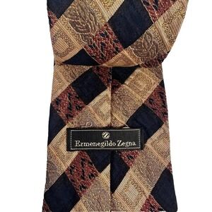 ERMENEGILDO ZEGNA Brown Gold Diamond 100% Silk Tie Italy Luxury Necktie One Size